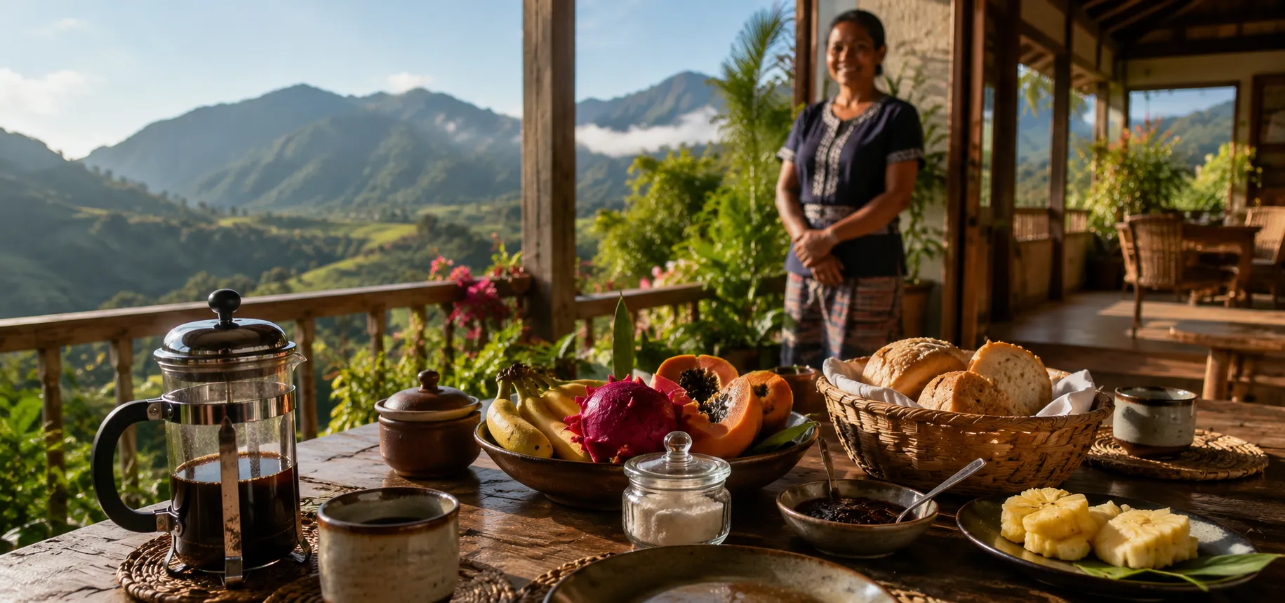Timorese family welcoming a guest at the door of their guesthouse